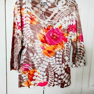 JM Collection Multicolor Floral V-Neck Blouse Size Large